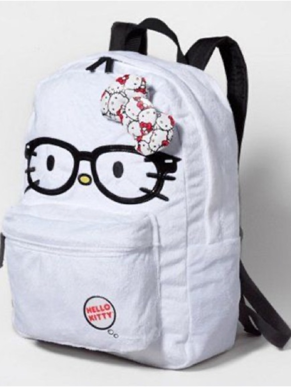 Hello Kitty White Backpack with Black Glasses and Red Bow Accent